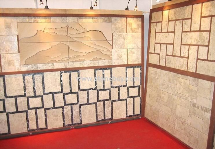 雅典米黄仿古大理石、黄金砂山水花纹仿古（红砂石围边）工艺装饰样板