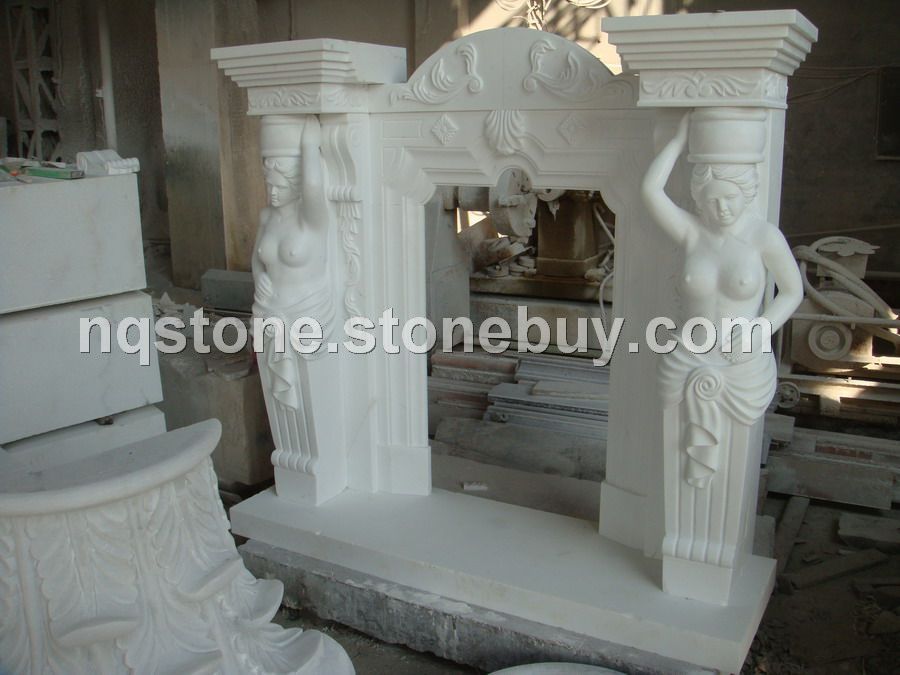 F-217漢白玉人像雕刻壁爐架WHITE MARBLE FIREPLACE