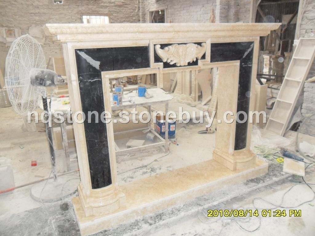 F-140米黃、黑色大理石混拼雕刻壁爐架FIREPLACE