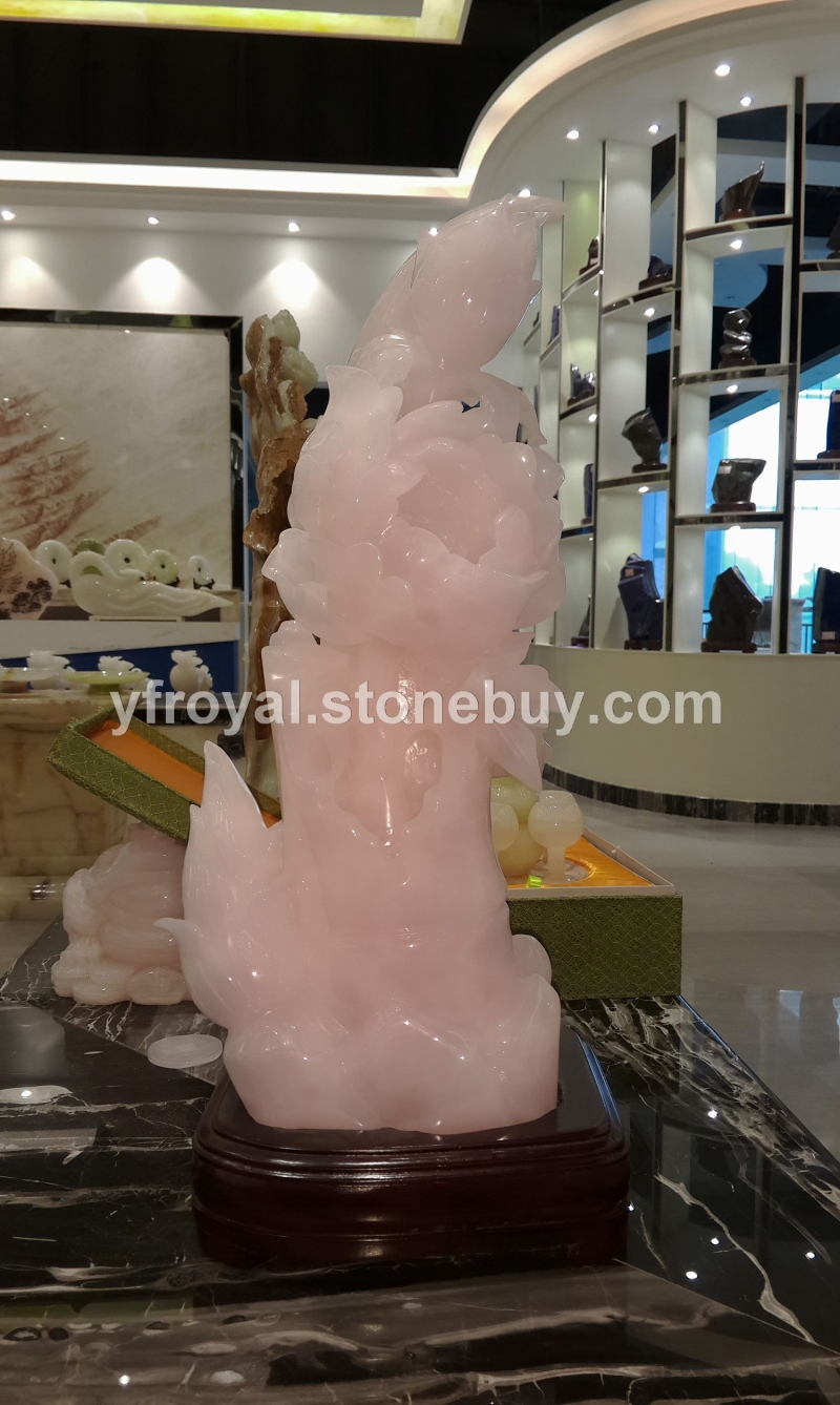 竹子開花，竹子牡丹、玉石工藝、粉紫玉雕件、家居玉石擺件、風水擺件粉紅公主招桃花