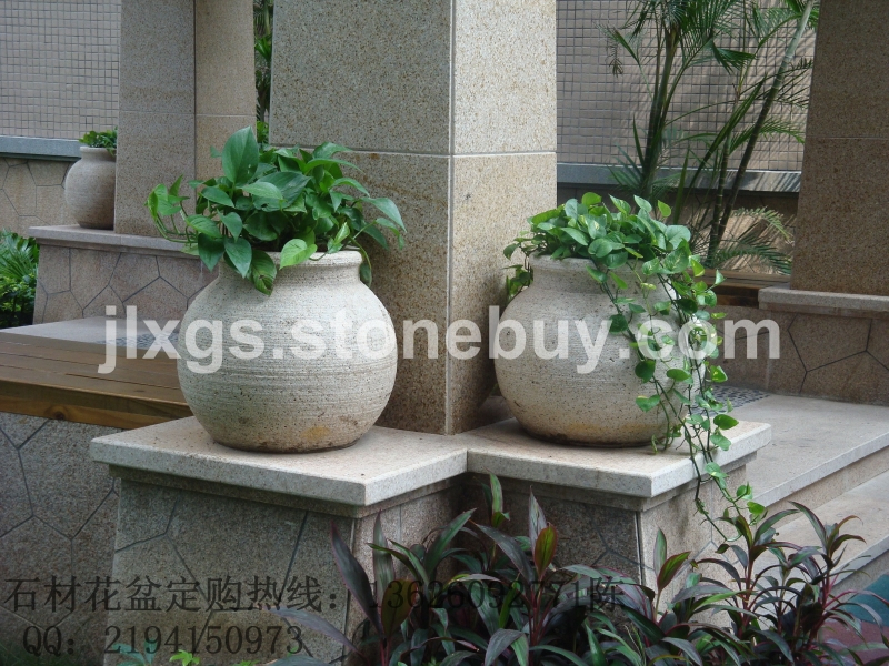 黄锈石花钵 圆形花钵 花钵加工  成品花钵