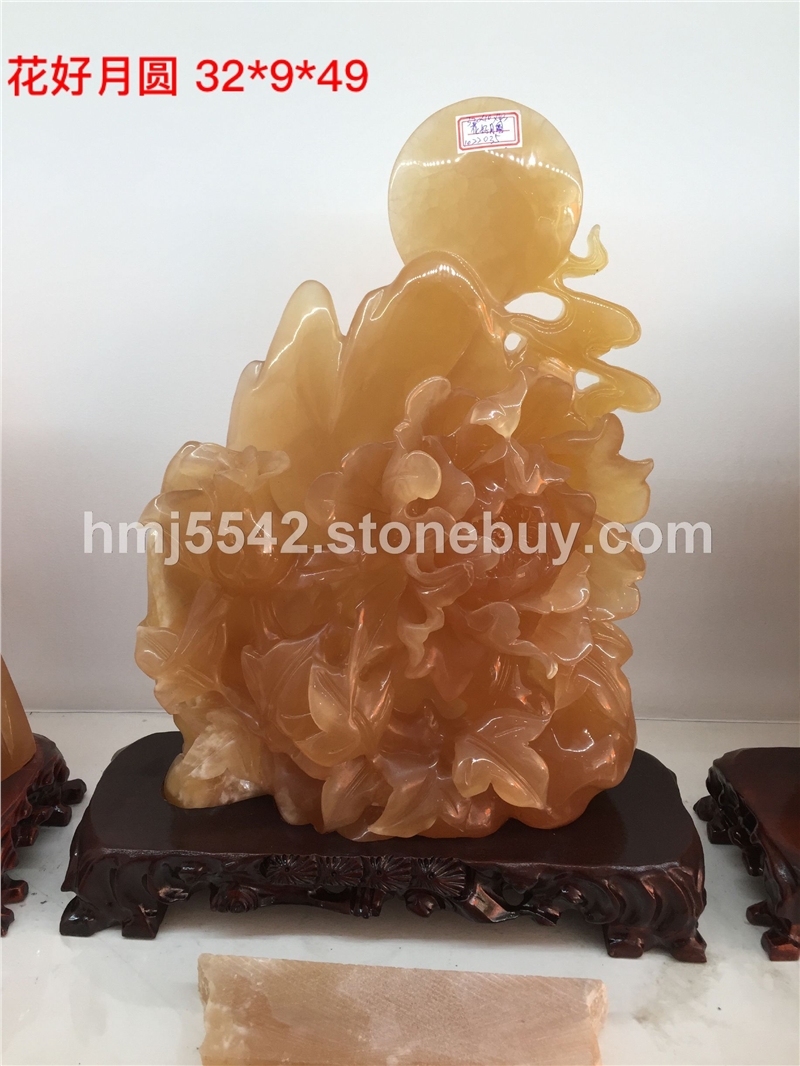 天然玛瑙玉花好月圆玉雕摆件