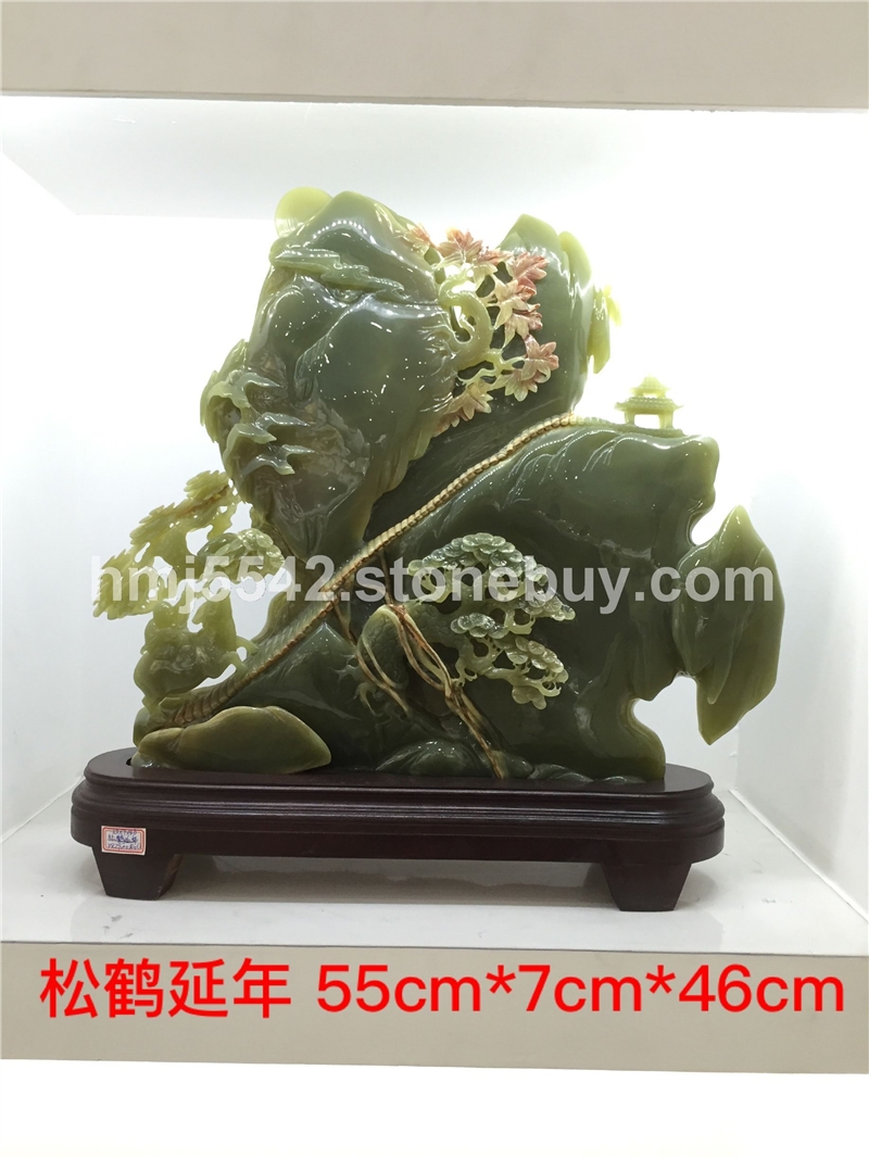 天然阿富汗古青玉松鹤延年玉雕摆件