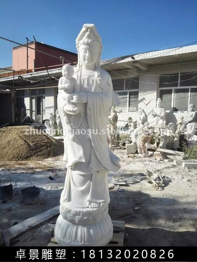 观音送子石雕，汉白玉观音送子雕塑
