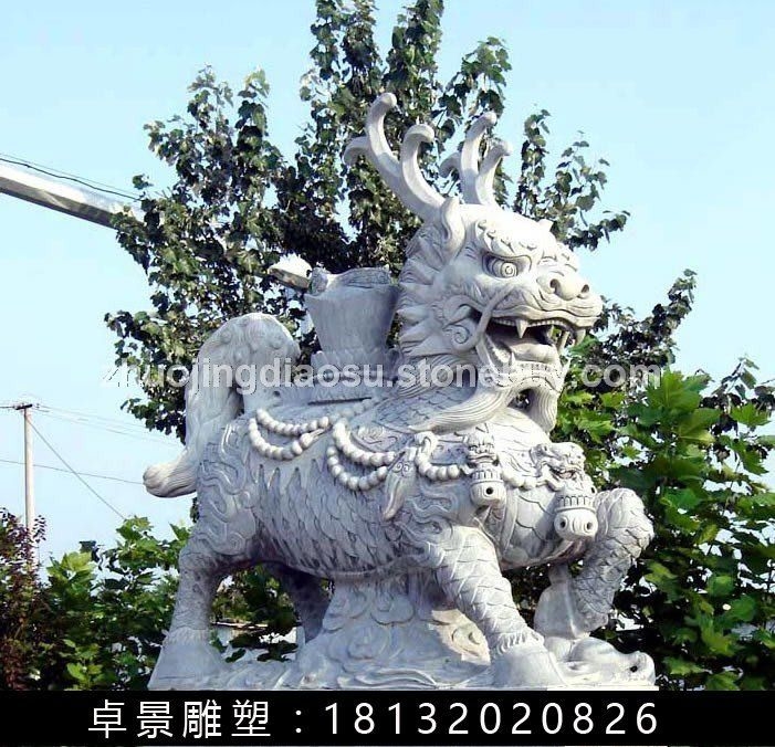 招财麒麟石雕，汉白玉招财麒麟雕塑