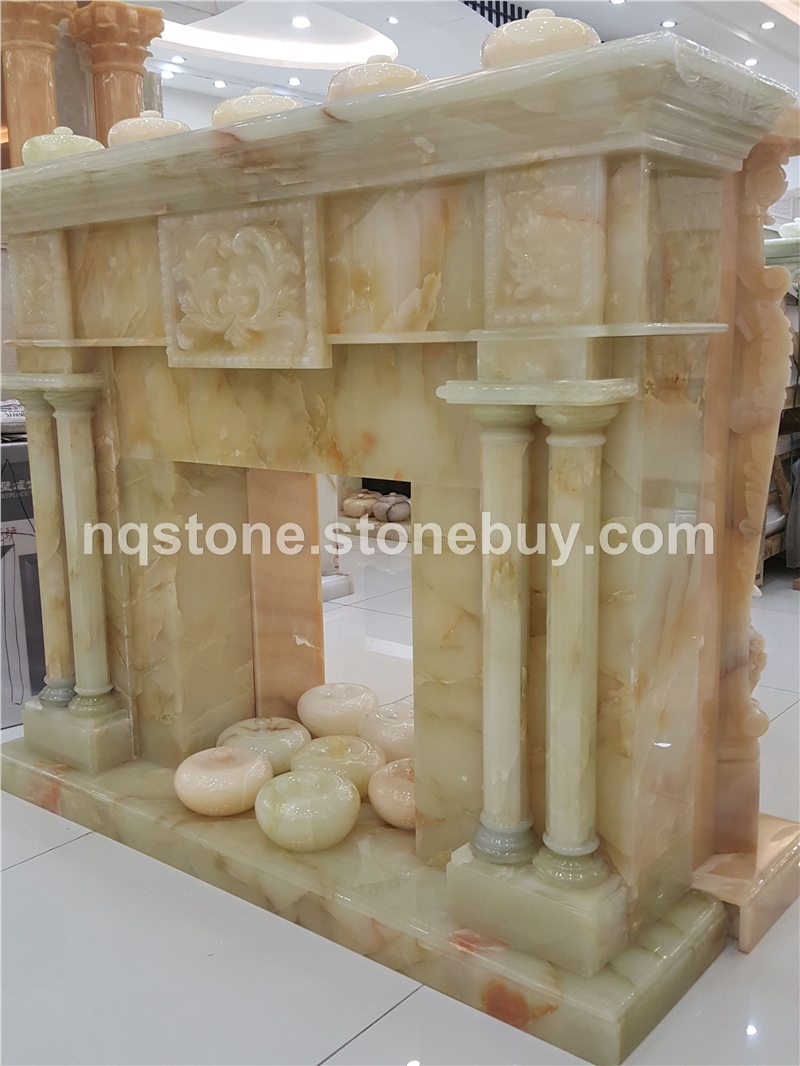 F-028进口浅青玉石雕刻壁炉架 ONYX Fireplace Mante