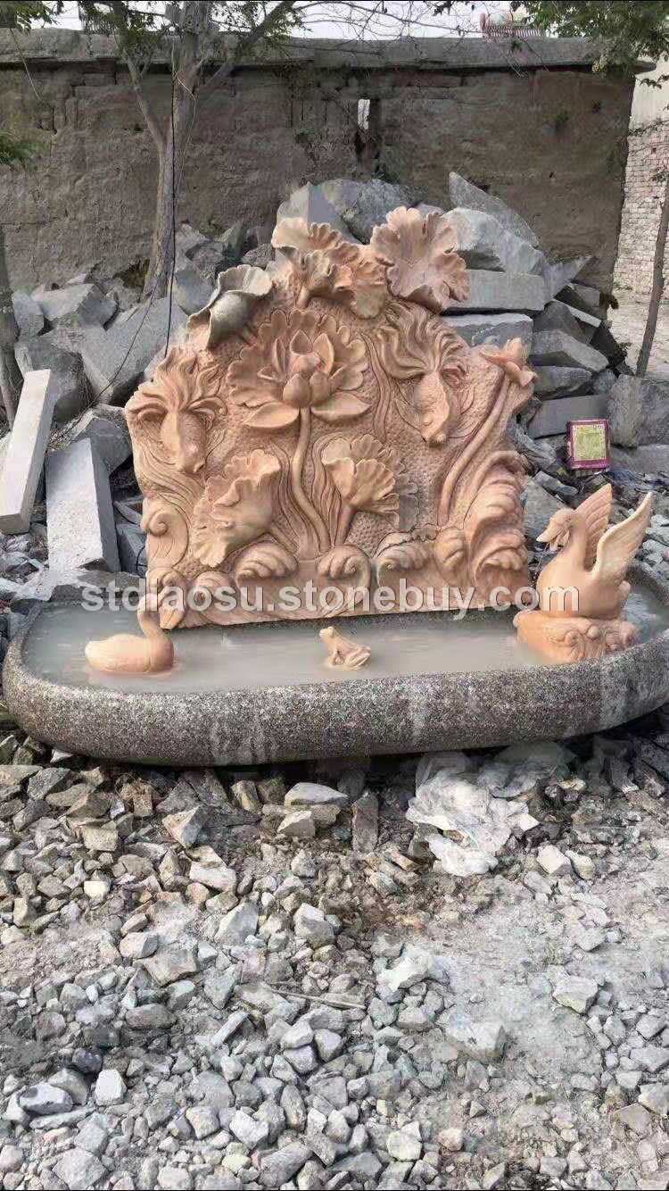 晚霞紅園林小品，荷花魚流水雕刻