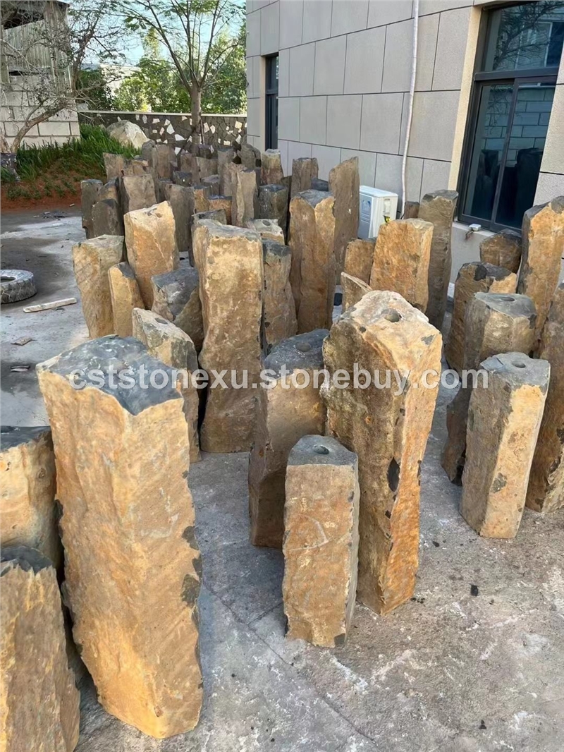 天然六方石带原石皮景观水景立柱