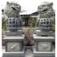 双狮戏珠　青石石狮子　石雕　动物雕刻　石狮子