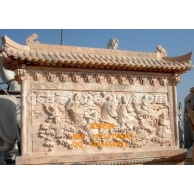 石雕影壁、石雕八仙过海影壁、八仙过海雕塑、晚霞红影壁、晚霞红雕塑厂家